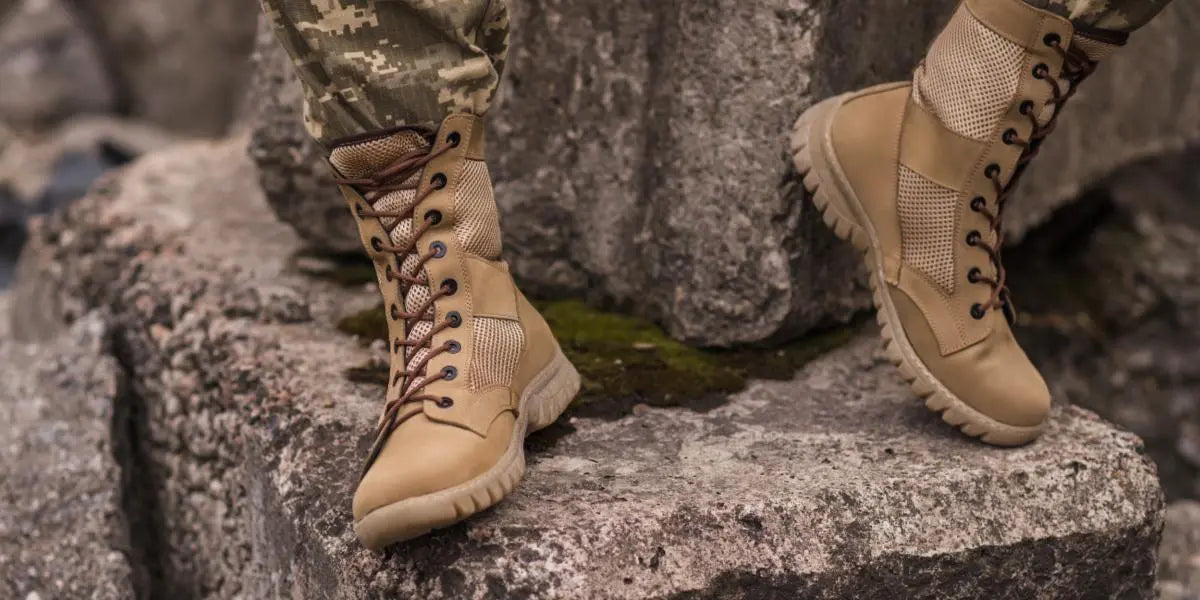 A person wearing camouflage and boots sitting on a rock.