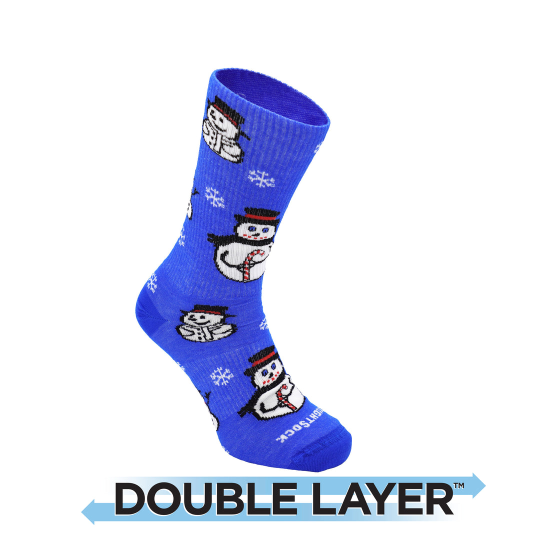 Explore Crew, Double Layer, Blue Snowman socks.